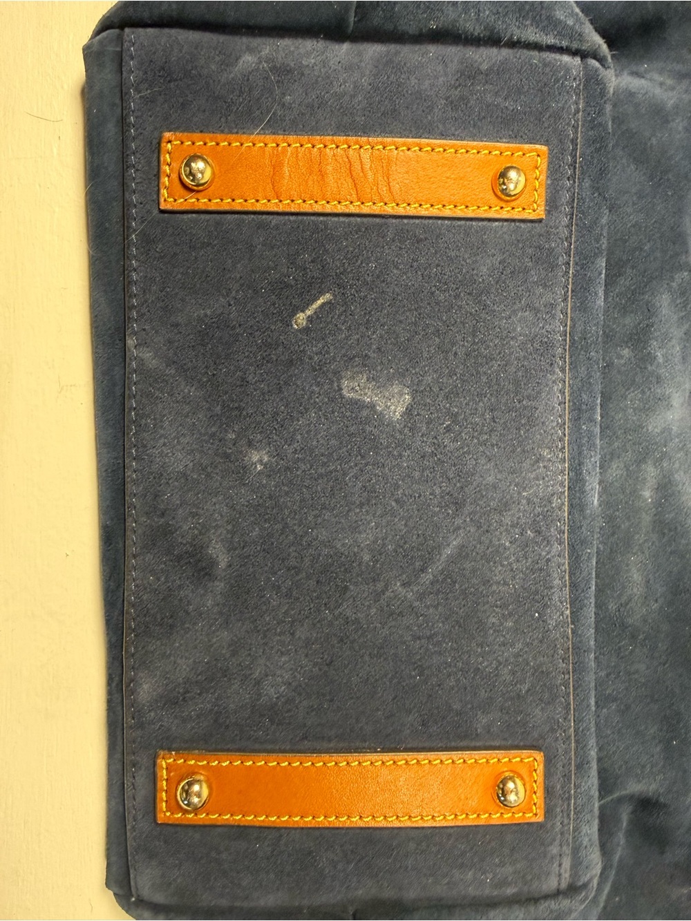Dooney & Bourke Navy Suede Shoulder Bag with Tan Trim and Red Accent - Picture 4 of 6
